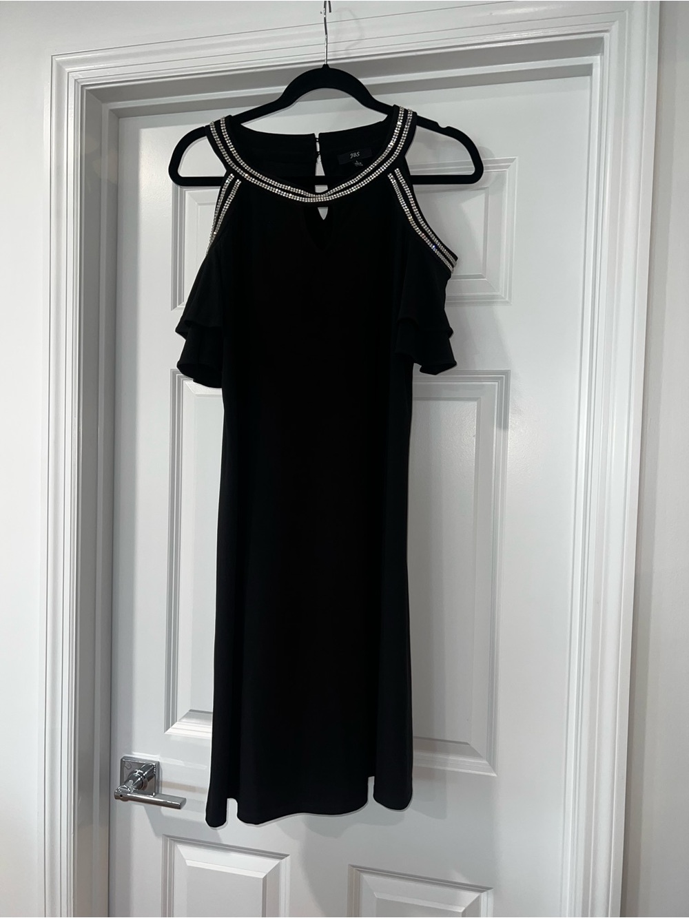 J.B.S. Black Cold-Shoulder Mini Dress with Beaded Neckline
